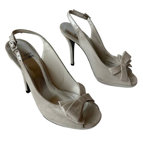 Stuart Weitzman Heels Tarot Silver Glazed Lame Leather Pumps Women's Size 6.5 - Picture 3 of 11